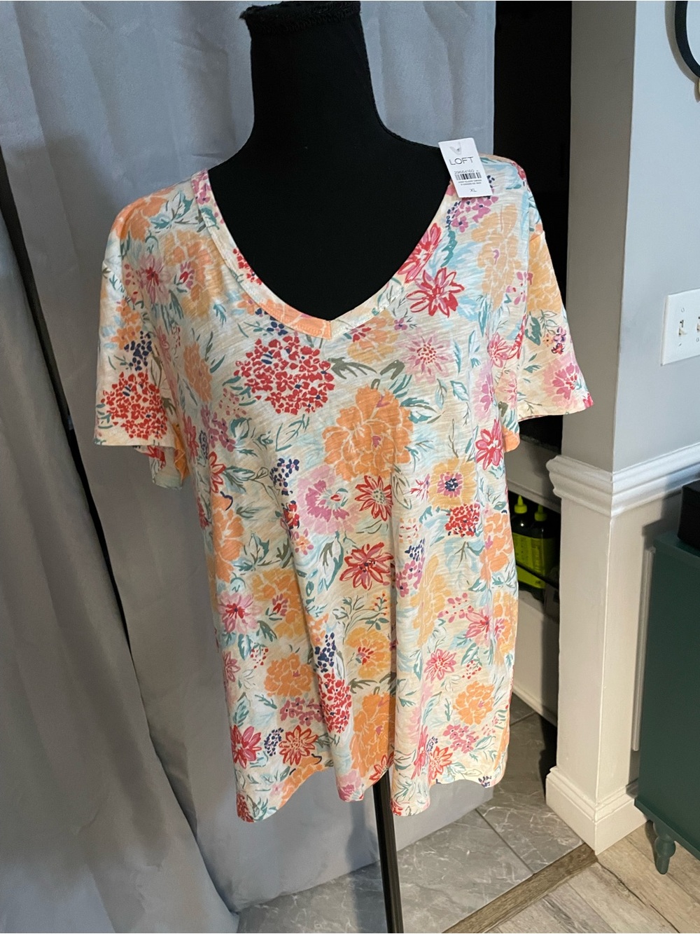 LOFT Floral Short Sleeve V-Neck Tee in Cream, Yellow, Pink, Green